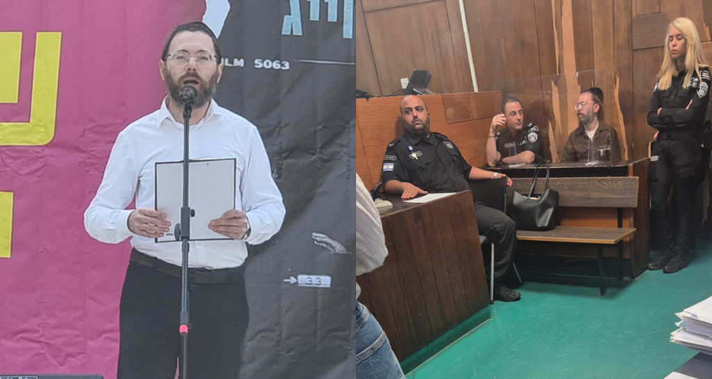 Journalist and activist Israel Frey (left) speaks at a press conference. Frey (right) is seen during a court hearing in Tel Aviv on July 9, 2025. (Photos: Courtesy of Yanal Jabareen)