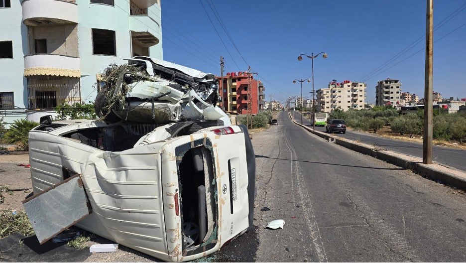 This overturned General Security Forces vehicle in Sweida was struck by an Israeli drone on July 15, 2025, according to journalist Nadim al-Nabulsi.