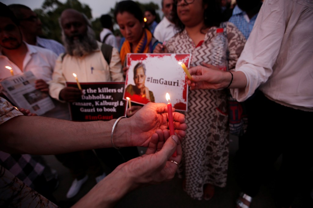 This photo shows a vigil for Gauri Lankesh, a senior Indian journalist who shot dead outside her home in 2017.