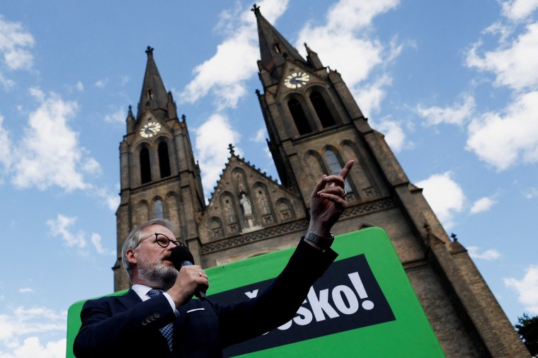 Czech Prime Minister Petr Fiala speaks during an election campaign rally ahead of the country's parliamentary elections, which will begin on October 3.