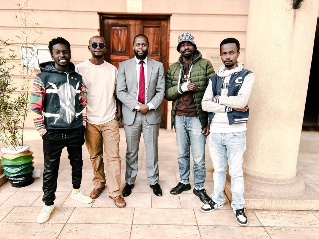 Kenyan lawyer Ian Mutiso (center) and filmmakers (from left) Nicholas Wambugu, MarkDenver Karubiu, Bryan Adagala, and Christopher Wamae on July 10, 2025.