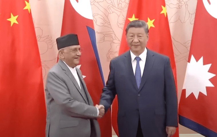 Chinese President Xi Jinping meets Nepali Prime Minister KP Sharma Oli in Tianjin, ahead of the Shanghai Cooperation Organization Summit, on August 30, 2025.