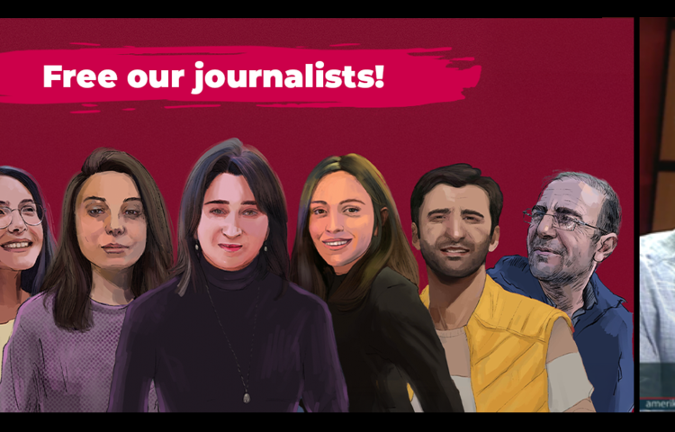 Azerbaijani authorities filed additional charges against 10 incarcerated journalists in relation to a currency smuggling case against the independent outlet Meydan TV, including (left to right) Natig Javadli, Aysel Umudova, Khayala Aghayeva, Aynur Elgunesh, Aytaj Tapdig, Ramin Jabrayilzade, and Shamshad Agha. Authorities also arrested Ahmad Mukhtar (far right). (Illustration: Courtesy of Meydan TV; Screenshot: Amerikanin Sesi/YouTube)