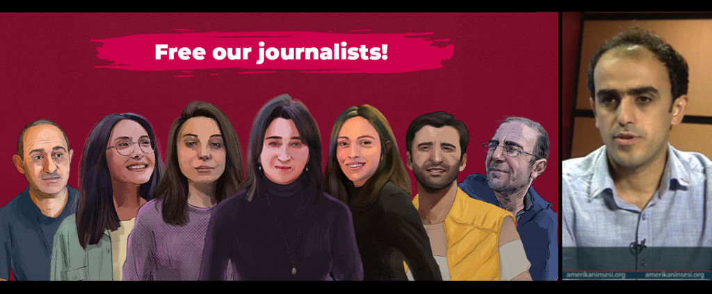 Azerbaijani authorities filed additional charges against 10 incarcerated journalists in relation to a currency smuggling case against the independent outlet Meydan TV, including (left to right) Natig Javadli, Aysel Umudova, Khayala Aghayeva, Aynur Elgunesh, Aytaj Tapdig, Ramin Jabrayilzade, and Shamshad Agha. Authorities also arrested Ahmad Mukhtar (far right). (Illustration: Courtesy of Meydan TV; Screenshot: Amerikanin Sesi/YouTube)