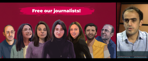 Azerbaijani authorities filed additional charges against 10 incarcerated journalists in relation to a currency smuggling case against the independent outlet Meydan TV, including (left to right) Natig Javadli, Aysel Umudova, Khayala Aghayeva, Aynur Elgunesh, Aytaj Tapdig, Ramin Jabrayilzade, and Shamshad Agha. Authorities also arrested Ahmad Mukhtar (far right). (Illustration: Courtesy of Meydan TV; Screenshot: Amerikanin Sesi/YouTube)