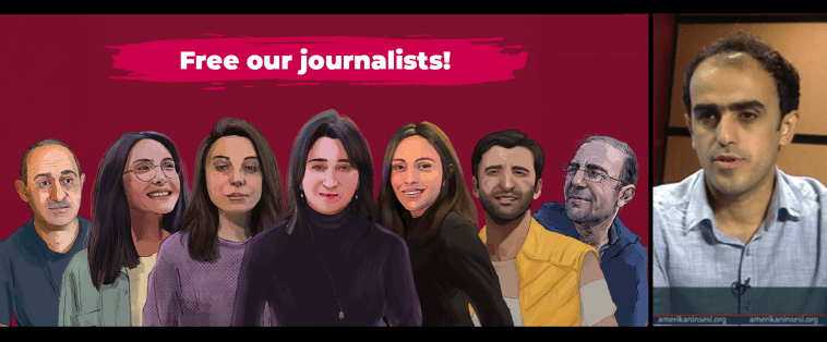 Azerbaijani authorities filed additional charges against 10 incarcerated journalists in relation to a currency smuggling case against the independent outlet Meydan TV, including (left to right) Natig Javadli, Aysel Umudova, Khayala Aghayeva, Aynur Elgunesh, Aytaj Tapdig, Ramin Jabrayilzade, and Shamshad Agha. Authorities also arrested Ahmad Mukhtar (far right). (Illustration: Courtesy of Meydan TV; Screenshot: Amerikanin Sesi/YouTube)