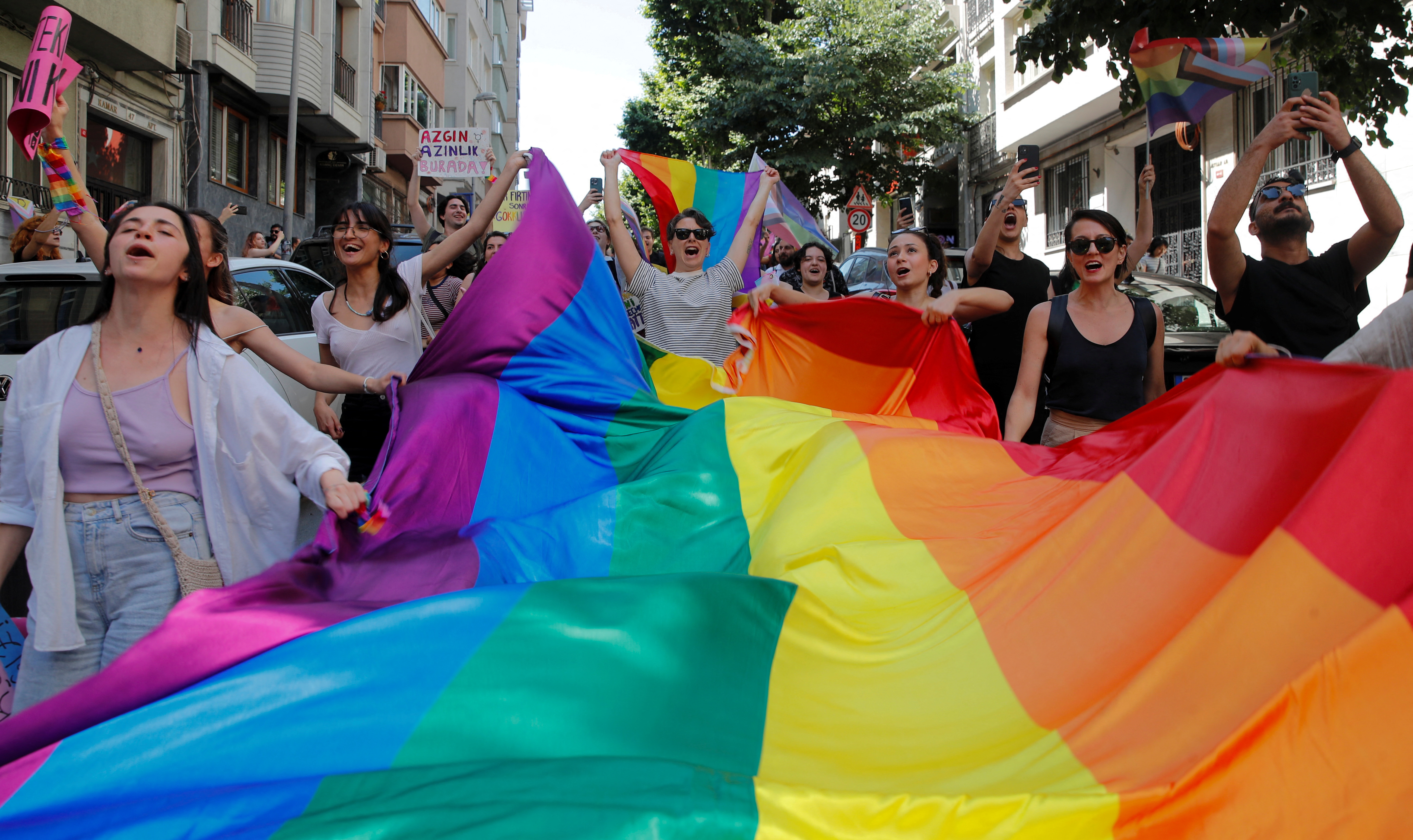 Turkey’s LGBTQ+ community gathers for a pride parade, banned by local authorities, in Istanbul in 2023. A bill currently under consideration could criminalize reporting on LGBTQ+ issues.