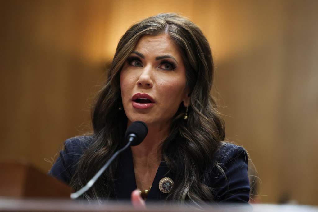 Kristi Noem, U.S. President-elect Donald Trump's secretary of Homeland Security nominee, testifies during a Senate Homeland Security and Governmental Affairs Committee confirmation hearing on Capitol Hill in Washington, U.S., January 17, 2025. REUTERS/Evelyn Hockstein
