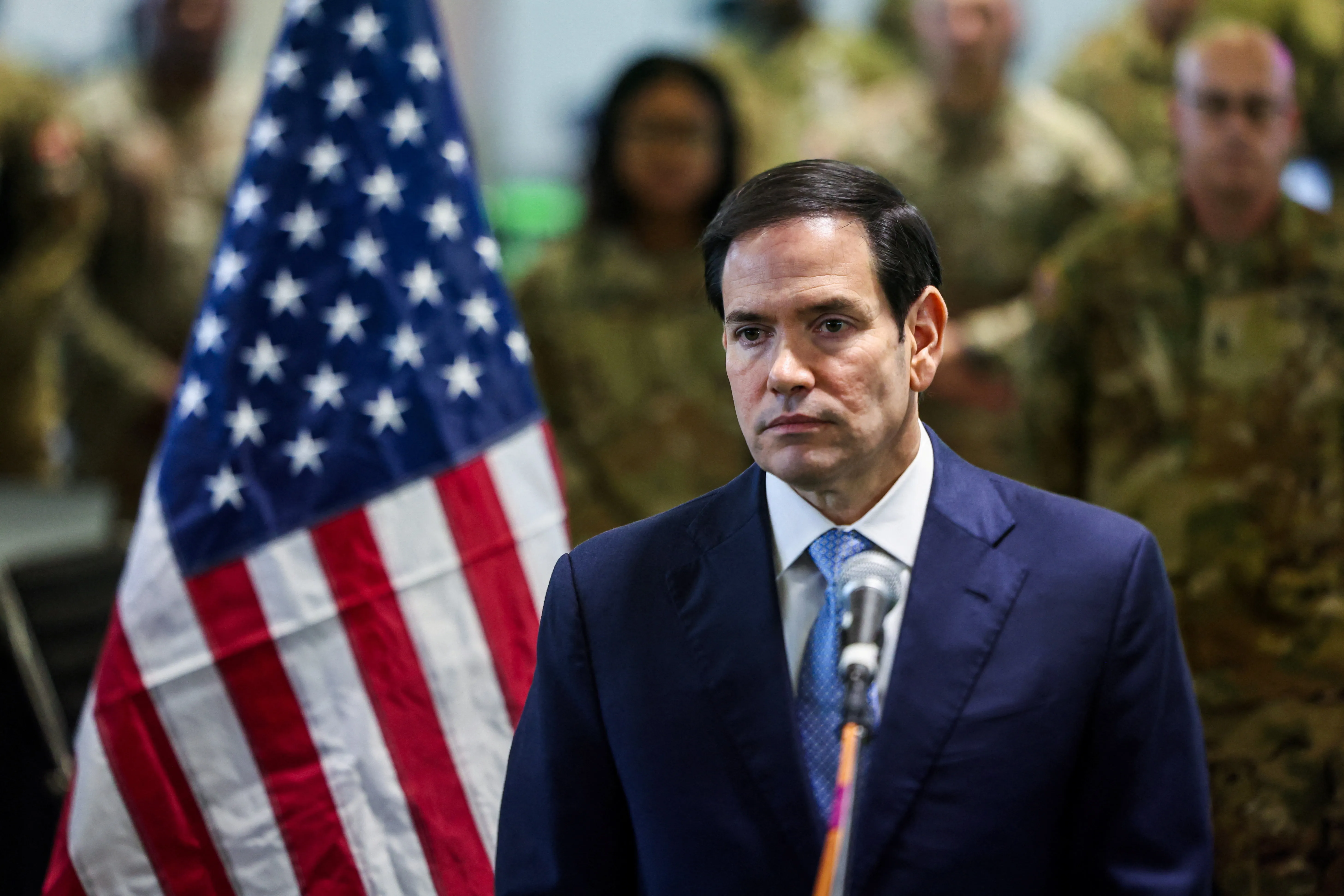 US Secretary of State Marco Rubio listens to a question as he speaks to the media after visiting the Civil-Military Coordination Center in southern Israel on October 24, 2025. FADEL SENNA/Pool via REUTERS