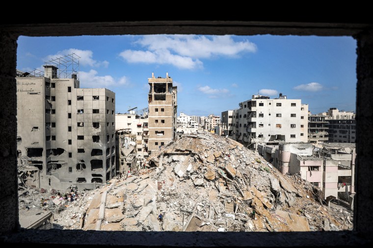 The mound of rubble at the site of the Unknown Soldier Tower, destroyed by overnight Israeli bombardment, is pictured in the Rimal neighbourhood of Gaza City on September 15, 2025.