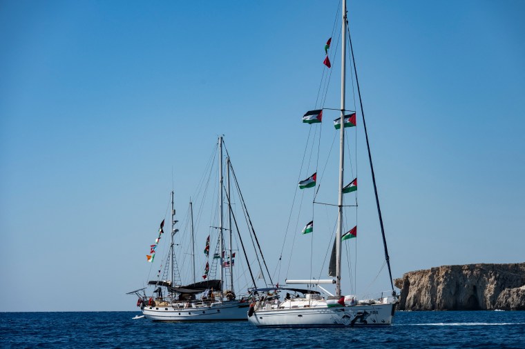 Boats with the Global Sumud Flotilla to Gaza are seen moored at the small island of Koufonisi, south of the island of Crete, on September 26, 2025.