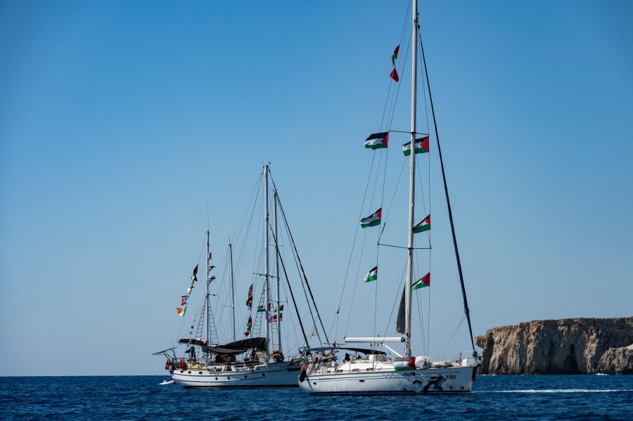 Boats with the Global Sumud Flotilla to Gaza are seen moored at the small island of Koufonisi, south of the island of Crete, on September 26, 2025.