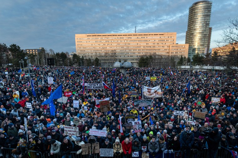 A peace rally at Freedom Square in Bratislava, Slovakia, on February 21, 2025, the 7th anniversary of the murder of investigative journalist Ján Kuciak and his fiancée Martina Kušnírová and the 3rd anniversary of the invasion of Ukraine by the Russian army. (Photo: AFP/Tomas Benedikovic)
