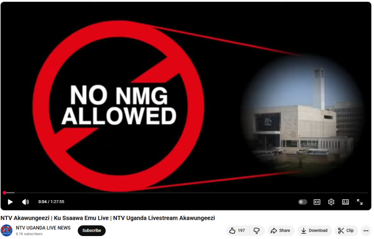 Security personnel in the capital Kampala barred reporters with the NMG-U-owned NTV Uganda and the Daily Monitor news sites from entering parliament grounds, citing unspecified “instructions not to let them in.” (Screenshot: NTV Uganda Live News/YouTube)