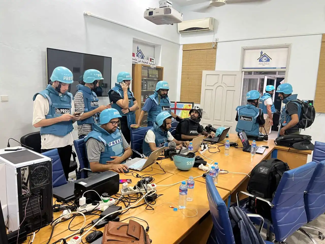 Journalists inside the Press House headquarters in Gaza City during the last war.