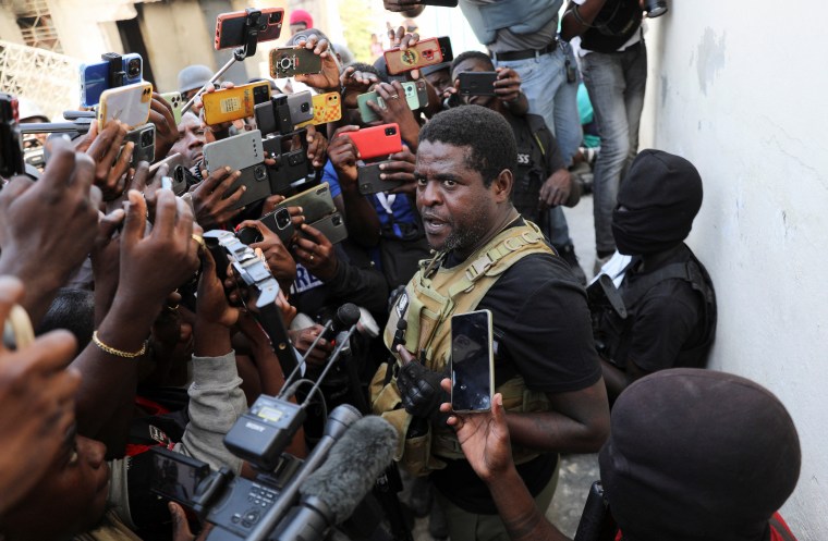 Former police officer Jimmy "Barbecue" Cherizier, leader of the 'G9' gang alliance, speaks during a press conference in Delmas 6, Port-au-Prince, Haiti, March 5, 2024. REUTERS/Ralph Tedy Erol