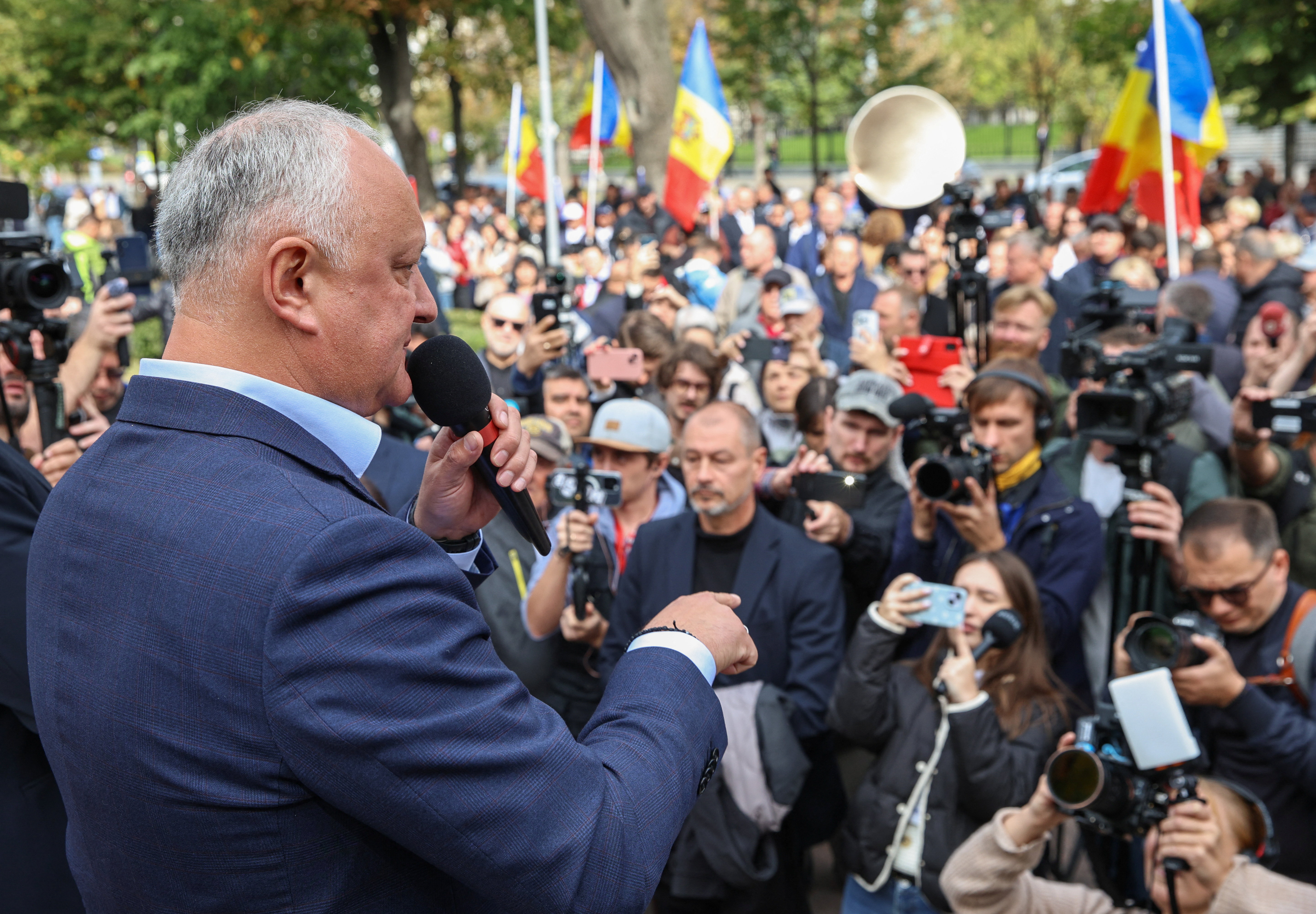 Igor Dodon, a pro-Russian politician, addresses supporters after parliamentary elections, in Chisinau, Moldova, in September. Russia reportedly poured in millions of dollars to disseminate pro-Kremlin, anti-Western propaganda and support Russia-backed candidates.