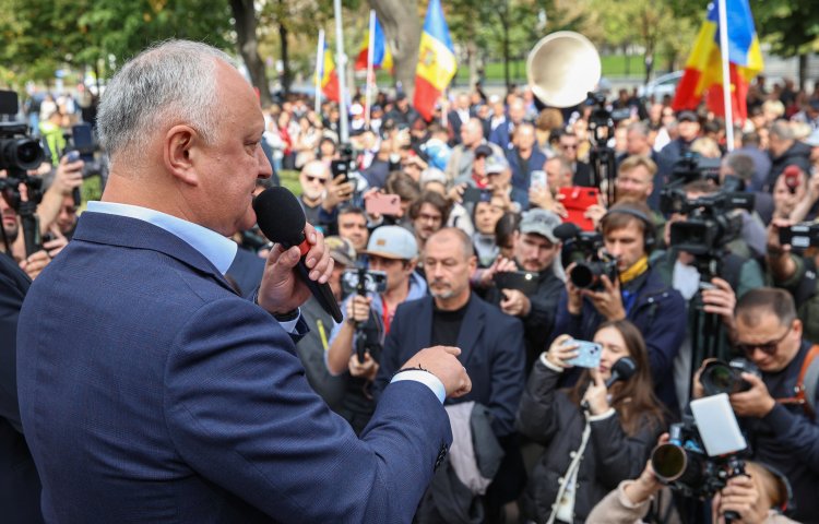 Igor Dodon, a pro-Russian politician, addresses supporters after parliamentary elections, in Chisinau, Moldova, in September. Russia reportedly poured in millions of dollars to disseminate pro-Kremlin, anti-Western propaganda and support Russia-backed candidates.