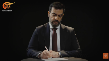 Jordanian journalist Mohammad Faraj is seen presenting a program on Lebanese Al-Mayadeen TV.