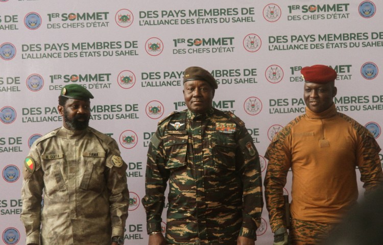 Mali's Assimi Goita (left), Niger's General Abdourahamane Tiani, and Burkina Faso's Captain Ibrahim Traore pose during the first summit of the Alliance of Sahel States (AES) in Niger in 2024.