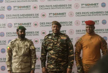 Mali's Assimi Goita (left), Niger's General Abdourahamane Tiani, and Burkina Faso's Captain Ibrahim Traore pose during the first summit of the Alliance of Sahel States (AES) in Niger in 2024.