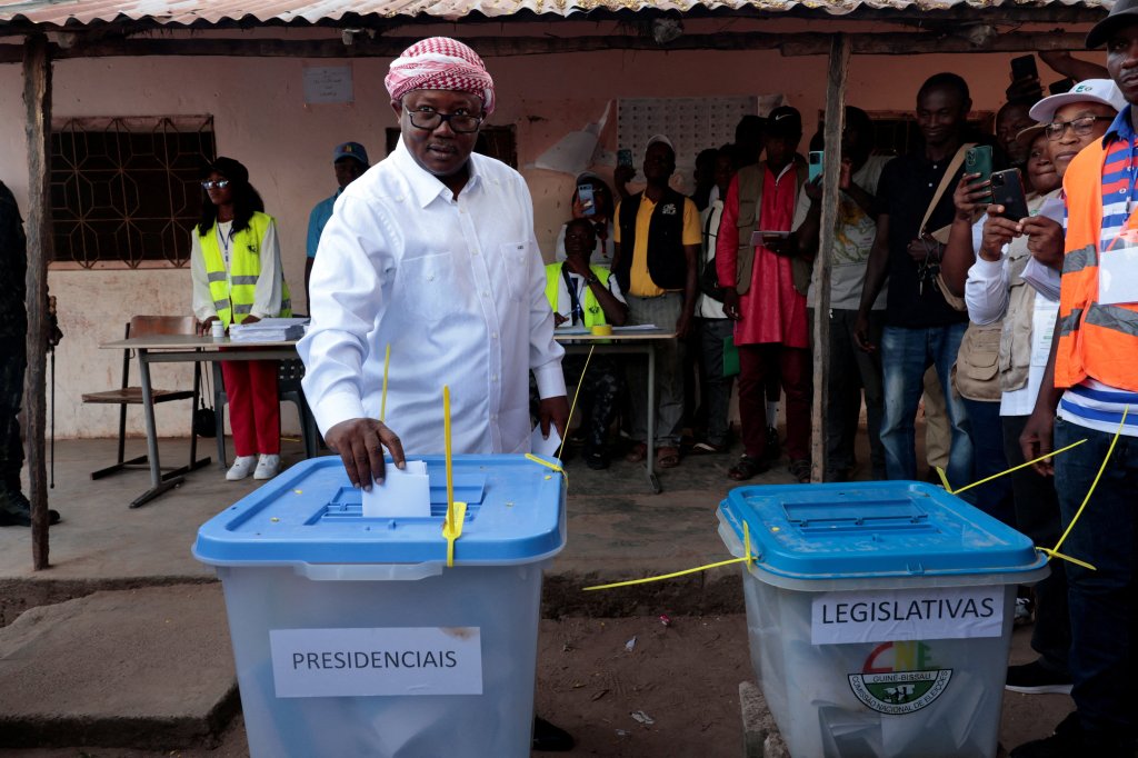 Guinea-Bissau's President Umaro Sissoco Embalo votes at a polling station in Gabu, Guinea-Bissau, on November 23.