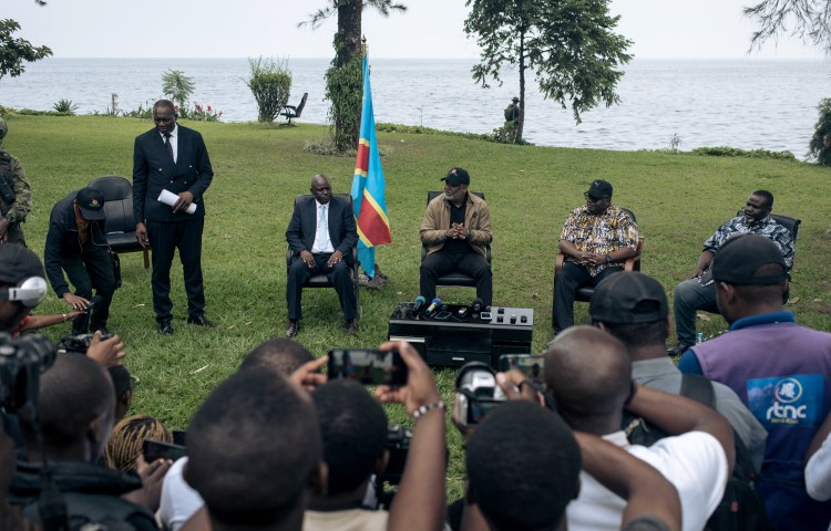 M23 spokeperson Lawrence Kanyuka (2nd left), M23 leader Benjamin Mbonimpa (3rd left), Congo River Alliance leader Corneille Nangaa (3rd right) and M23 leader Bertrand Bisimwa (2nd right) host a news conference in Goma on February 6, 2025. The M23 said it wanted to "liberate all of the Congo" in its first public meeting since seizing city.