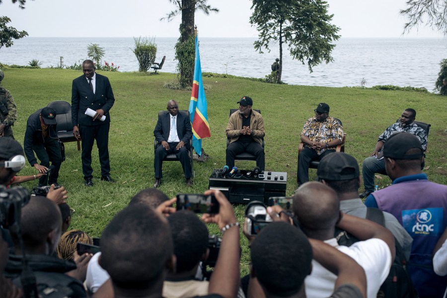 M23 spokeperson Lawrence Kanyuka (2nd left), M23 leader Benjamin Mbonimpa (3rd left), Congo River Alliance leader Corneille Nangaa (3rd right) and M23 leader Bertrand Bisimwa (2nd right) host a news conference in Goma on February 6, 2025. The M23 said it wanted to "liberate all of the Congo" in its first public meeting since seizing city.