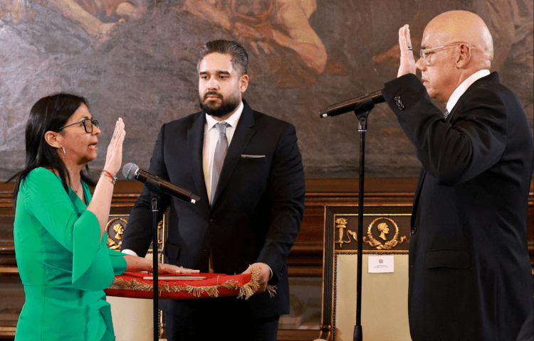 Vice President Delcy Rodriguez is being sworn-in as Venezuela's interim president by National Assembly President Jorge Rodriguez, after the U.S. launched a strike on the country and captured President Nicolas Maduro and his wife Cilia Flores, in Caracas, Venezuela, January 5, 2026. Marcelo Garcia/Miraflores Palace/Handout via REUTERS ATTENTION EDITORS - THIS IMAGE HAS BEEN SUPPLIED BY A THIRD PARTY TPX IMAGES OF THE DAY