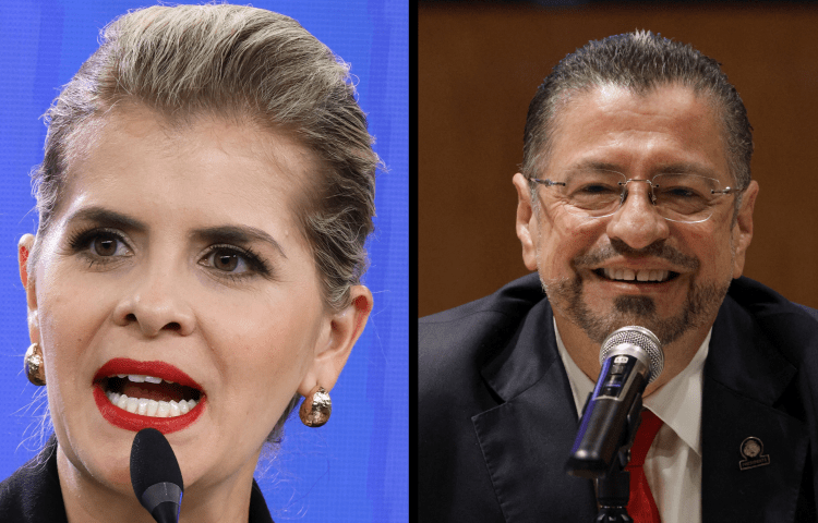 Costa Rica presidential candidate Laura Fernández (right) of the Sovereign People Party is projected to succeed populist President Rodrigo Chaves (left) and continue the country’s crackdown on press freedom. (Photos: Reuters/Mayela Lopez)
