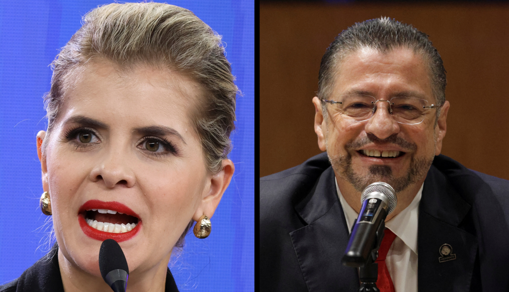 Costa Rica presidential candidate Laura Fernández (right) of the Sovereign People Party is projected to succeed populist President Rodrigo Chaves (left) and continue the country’s crackdown on press freedom. (Photos: Reuters/Mayela Lopez)