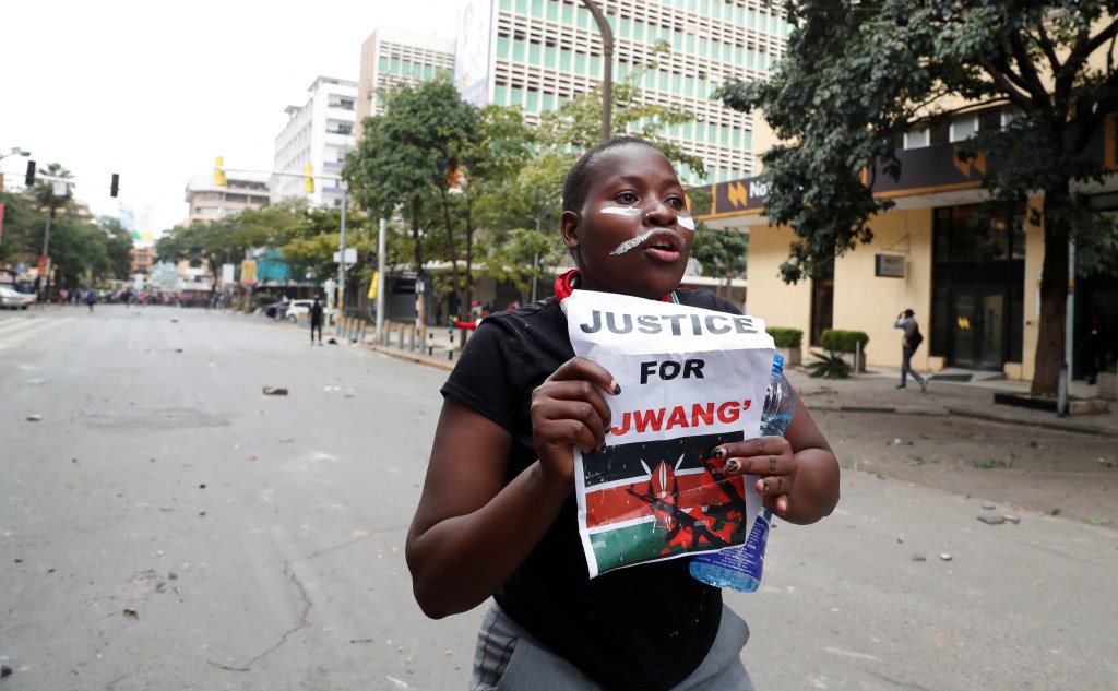 A protester at a demonstration on June 12, 2025, against the death of Kenyan blogger Albert Omondi Ojwang in police custody the previous week.