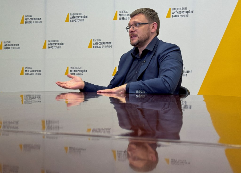 Ukraine’s National Anti-Corruption Bureau — the head of which, Semen Kryvonos, is seen here — uncovered a “criminal organization” that allegedly collected personal information on 10 journalists investigating corruption.