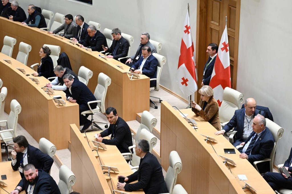 The Georgian parliament, seen here, will soon consider amendments to media and civil society funding laws that would further restrict the country’s shrinking space for independent reporting.
