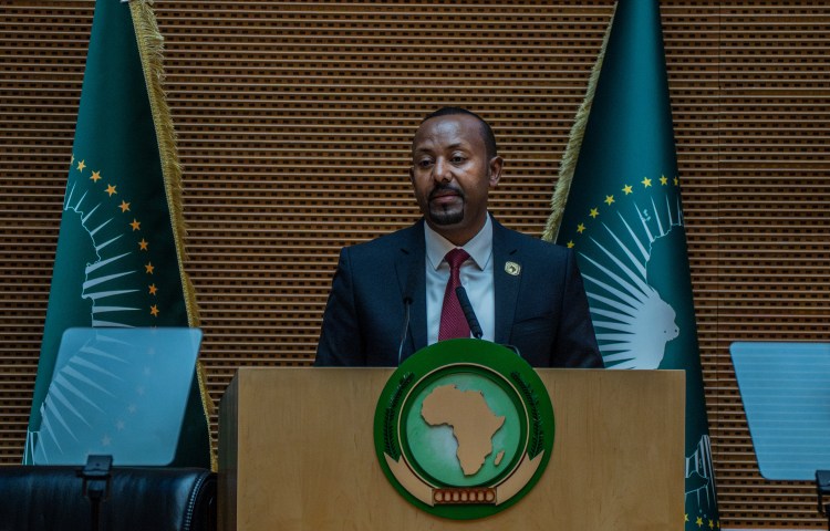 Ethiopia's Prime Minister Abiy Ahmed Ali delivers a speech during the annual African Union Summit in Addis Ababa, Ethiopia, on February 14.