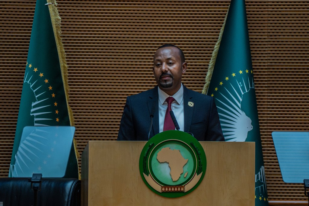 Ethiopia's Prime Minister Abiy Ahmed Ali delivers a speech during the annual African Union Summit in Addis Ababa, Ethiopia, on February 14.