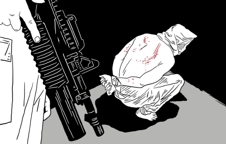 An illustration based on Shadi Abu Sido’s description of his time in Israeli prison.