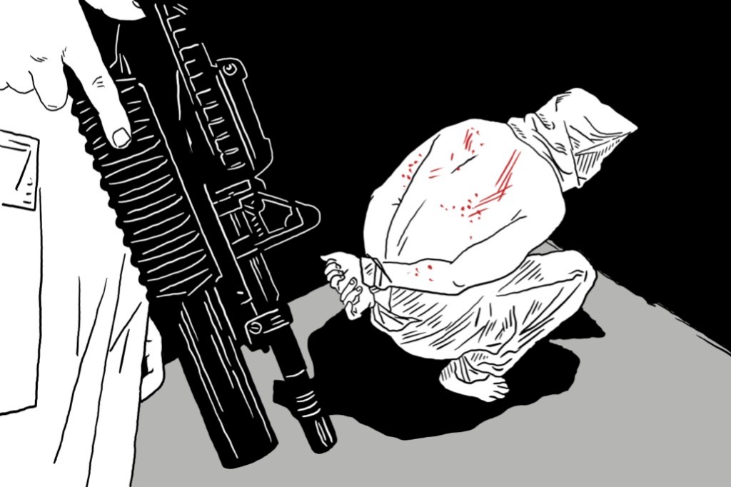 An illustration based on Shadi Abu Sido’s description of his time in Israeli prison.