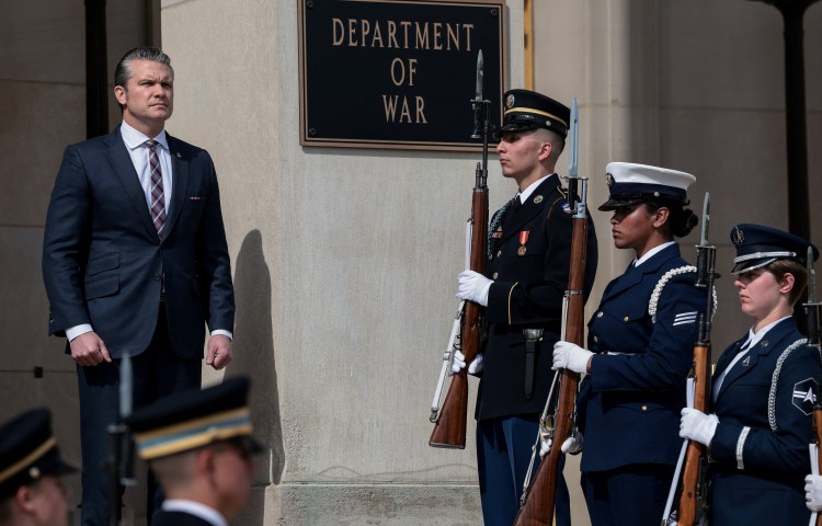 U.S. Defense Secretary Pete Hegseth hosts an honor cordon for Indonesia's Defense Minister Sjafrie Sjamsoeddin at the Pentagon, in Washington, D.C., U.S., April 13, 2026. REUTERS/Evelyn Hockstein