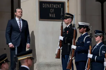 U.S. Defense Secretary Pete Hegseth hosts an honor cordon for Indonesia's Defense Minister Sjafrie Sjamsoeddin at the Pentagon, in Washington, D.C., U.S., April 13, 2026. REUTERS/Evelyn Hockstein