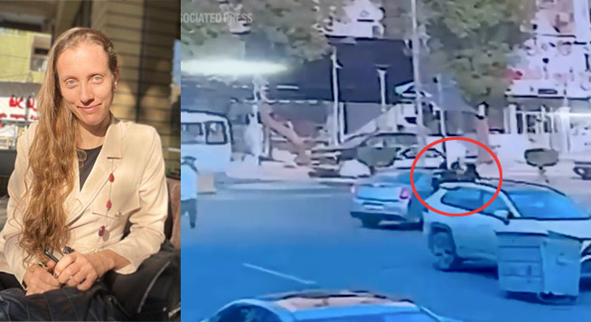U.S. journalist Shelly Kittleson in a Baghdad cafe on March 25, 2025 (left), and a screenshot showing men pushing her into a car on March 31, 2026. (Photo and screenshot: AP; red indicator: CPJ)