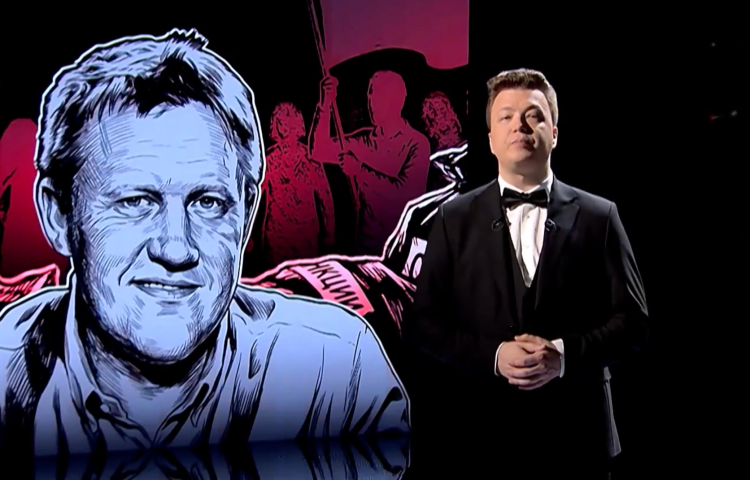 STV host Raman Pratasevich, right, disclosed journalist Stanislau Ivashkevich’s alleged phone number and address, a practice known as doxxing. Ivashkevich is depicted here in a drawing.