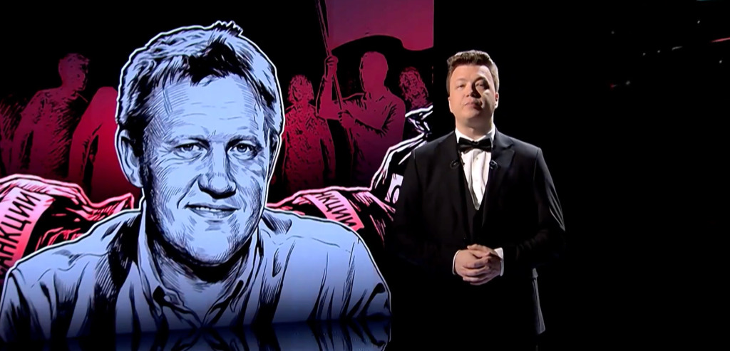 STV host Raman Pratasevich, right, disclosed journalist Stanislau Ivashkevich’s alleged phone number and address, a practice known as doxxing. Ivashkevich is depicted here in a drawing.