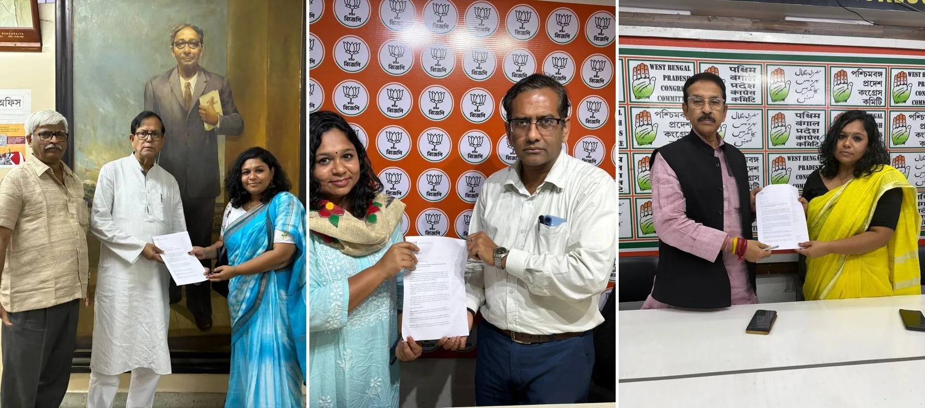 CPJ India researcher Somi Das submits a letter asking for commitments on journalist safety to (left to right) Mohammad Salim, state president of the Communist Party of India (Marxist); Debjit Sarkar, chief spokesperson of the BJP’s West Bengal unit; and Subhankar Sarkar, president of the West Bengal Pradesh Congress Committee, in Kolkata in March 2026.