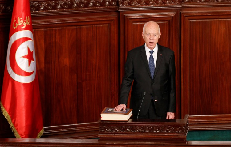 Tunisia's President Kais Saied attends his swearing-in ceremony for his second term at the parliament in Tunis, Tunisia October 21, 2024.