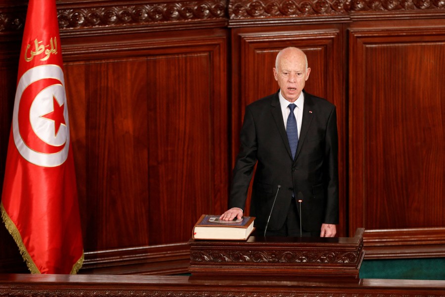 Tunisia's President Kais Saied attends his swearing-in ceremony for his second term at the parliament in Tunis, Tunisia October 21, 2024.