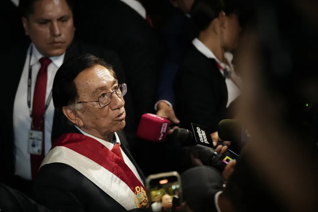 Jose Balcazar speaks to the media after he was elected as interim president, following a session by Peruvian lawmakers to choose a new leader of Congress to assume Peru's presidency, after they ousted President Jose Jeri over a scandal involving undisclosed meetings with a Chinese businessman, in Lima, Peru, February 18, 2026. REUTERS/Angela Ponce