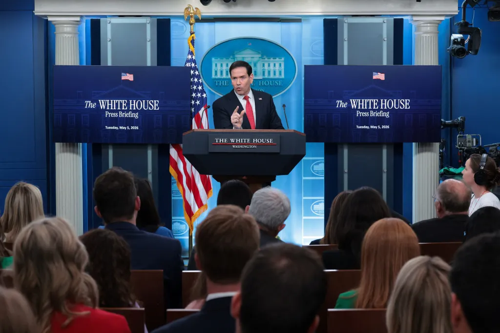 U.S. Secretary of State Marco Rubio speaks during a press briefing in the James S. Brady Press Briefing Room at the White House in Washington, D.C., U.S., May 5, 2026. REUTERS/Kylie Cooper