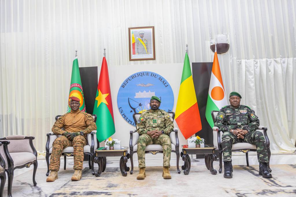 Captain Ibrahim Traoré of Burkina Faso (from left), General Assimi Goïta of Mali, and General Abdourahamane Tchiani of Niger attend a summit in Mali in December 2025.