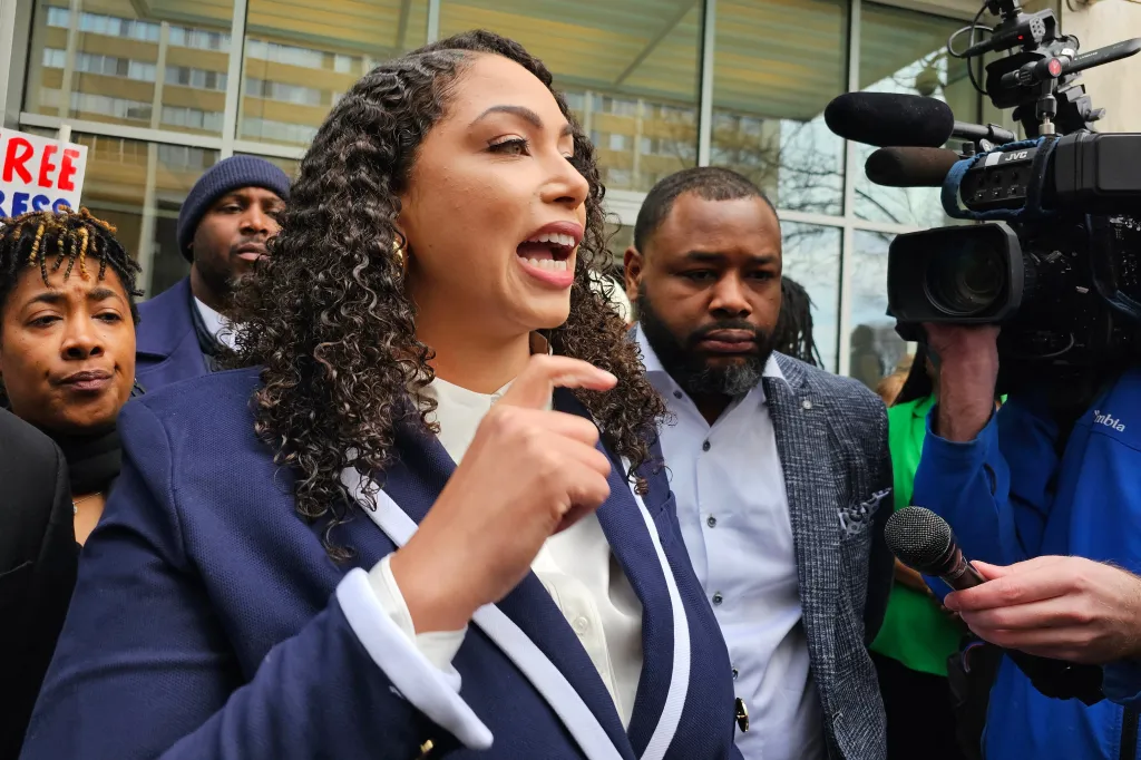 Minnesota-based independent journalist Georgia Fort speaks to reporters and supporters outside the federal courthouse in St. Paul, Minn., on Tuesday, Feb. 17, 2026, after pleading not guilty over her alleged role in a protest that disrupted a Sunday service at a Southern Baptist church in St. Paul, where an Immigration and Customs Enforcement official served as a pastor. (AP Photo/Steve Karnowski)